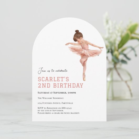 2. Geburtstag Rosa Ballet Mädchen Tutu Einladung (Stehend Vorderseite)