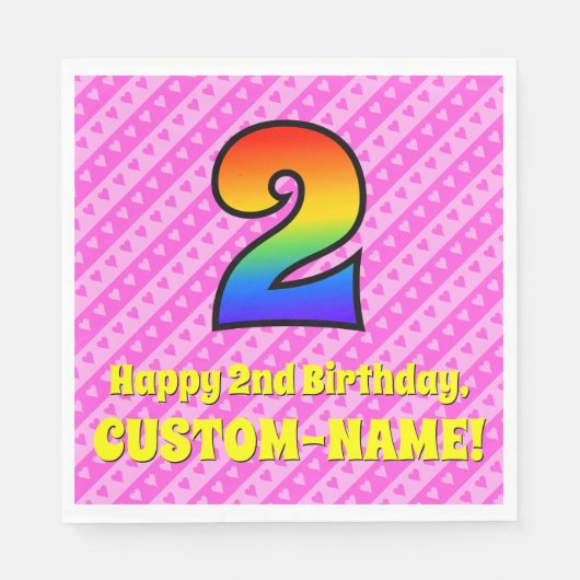 2. Geburtstag: Rosa Streifen & Herz, Regenbogen # Serviette (Vorderseite)