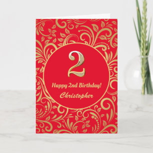 2. Geburtstag Rot und Gold Floral Muster Karte