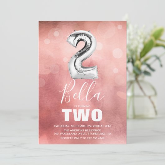 2. Geburtstag Silberballon | Giralrosa Party Einladung (Stehend Vorderseite)