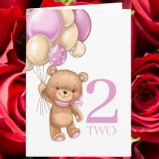 2. Geburtstag süße rosa Ballons Mädchen Teddy Kart Karte