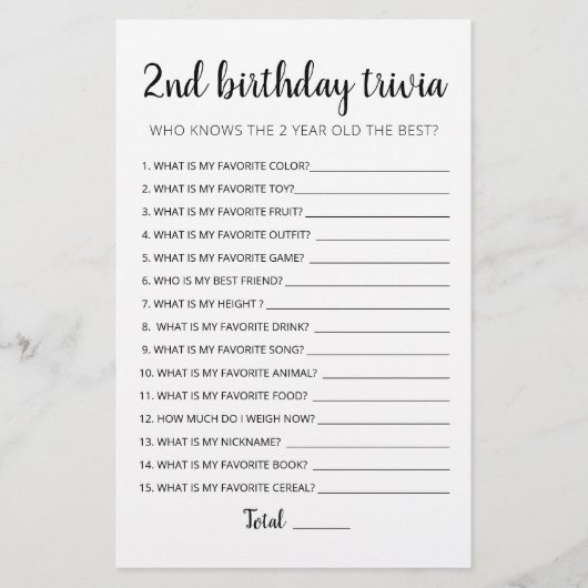 2. Geburtstag Trivia editierbares Spiel (Vorderseite)