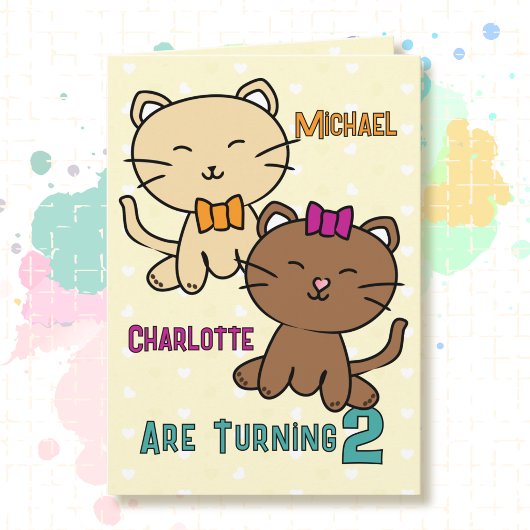 2. Geburtstag Zwillingsjunge Mädchen Katze Cartoon Karte