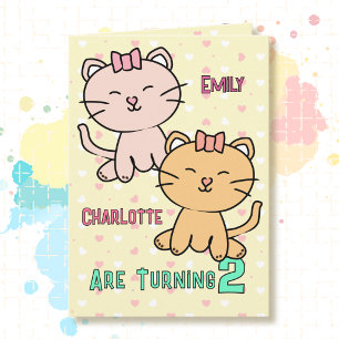 2. Geburtstag Zwillingsmädchen Süße Katze Cartoon  Karte