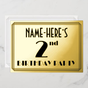 2. Geburtstags-Party — Art Deco Look "2" + Name Folieneinladung