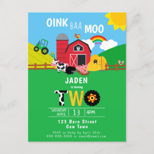 2. Geburtstagsfarm Stalltiere Oink Baa Moo Niedlic Einladungspostkarte