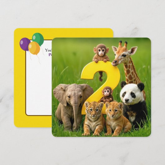 2. Geburtstagsfeier Wildtiere Babys Einladung (Vorne/Hinten)