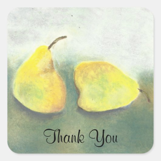 2 Gelbe grüne Birnen Stillleben Kunst Danke Quadratischer Aufkleber (Vorderseite)
