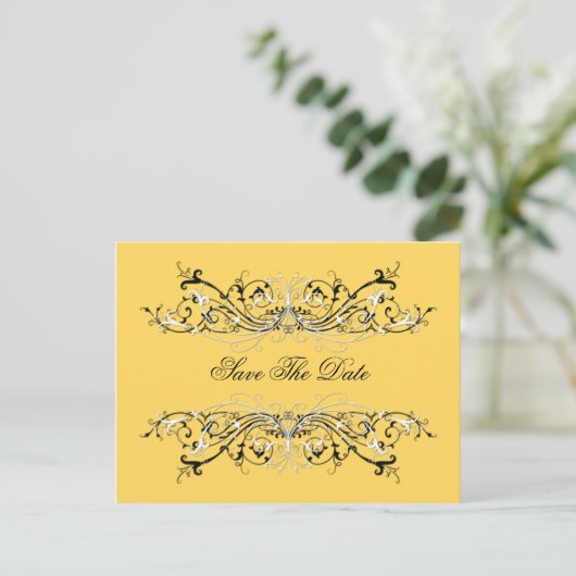 2 Gelbe Schwarz-weiße Wirbel Save the Date Ankündigungspostkarte (Stehend Vorderseite)
