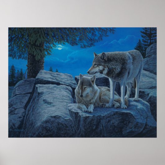 2 Grauwölfe mit Vollmondmalerei - Poster (Vorne)