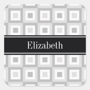 2 Gray Whcentric Square Black Name Monogram Quadratischer Aufkleber