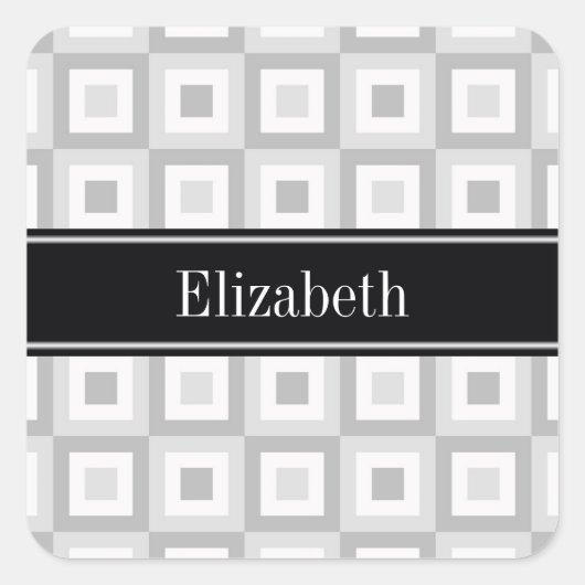 2 Gray Whcentric Square Black Name Monogram Quadratischer Aufkleber (Vorderseite)