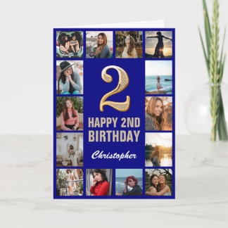 2. Happy Birthday Navy Blue & Gold Foto Collage Karte