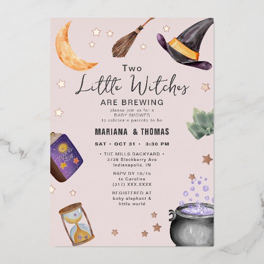 2 Hexen Brauen Zwillingsmädchen Halloween Kinderdu Folieneinladung (Vorderseite)