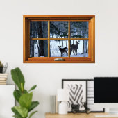 2 Hirsche im Winterschneefenster Illusion Poster (Heimbüro)