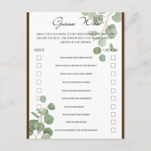 2 in 1 Brautparty Games Begleitkarte (Rückseite)