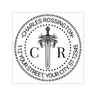 2 Initial Monogram Floral Sword #4 Namensadresse Permastempel