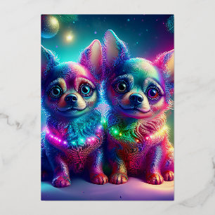 2 junge Chihuahua-Welpen in einer farbenfrohen Wei Folien Feiertagskarte