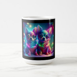 2 junge Chihuahua-Welpen in einer farbenfrohen Wei Kaffeetasse