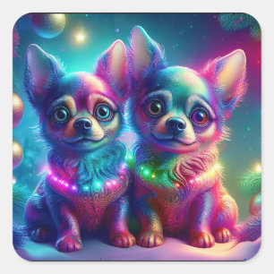 2 junge Chihuahua-Welpen in einer farbenfrohen Wei Quadratischer Aufkleber