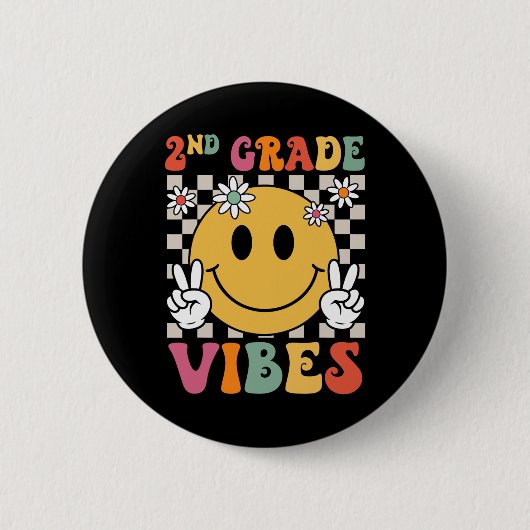 2. Klasse Vibes Mädchen Retro-Lächeln Lehrer-Team Button (Vorderseite)