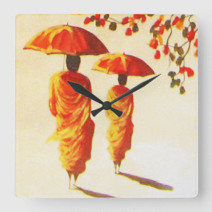 2 Laotian Buddhist Monks Quadratische Wanduhr