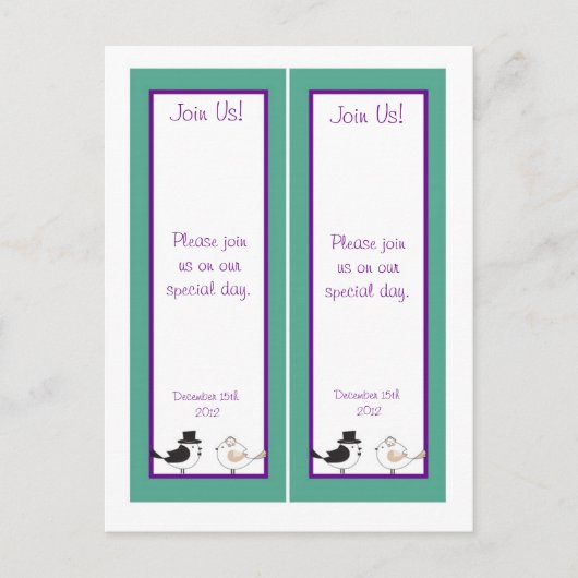 2 Liebesvögel Aquamarin/Lila Hochzeiten Lesezeiche Postkarte (Vorderseite)