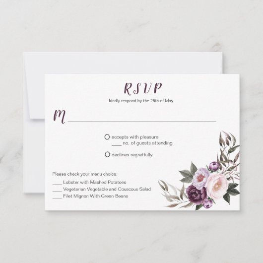 #2 Lila Plum Pink Peonies Bouquet Menü Auswahl RSVP Karte (Vorderseite)