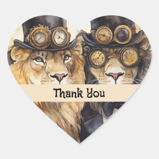 2 Löwen Steampunk Herz-Aufkleber (Vorderseite)