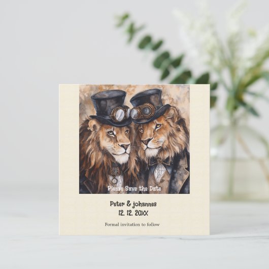 2 Löwen Steampunk Save the Date (Stehend Vorderseite)
