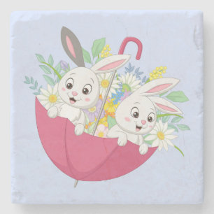 2 Niedliche Bunnies im Frühlingsschirm mit Blume Steinuntersetzer