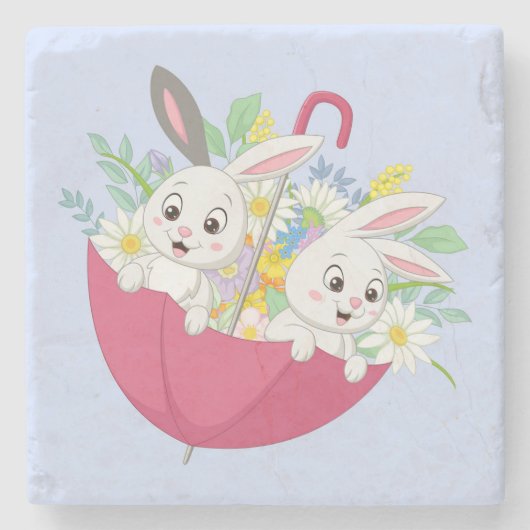 2 Niedliche Bunnies im Frühlingsschirm mit Blume Steinuntersetzer (Vorderseite)