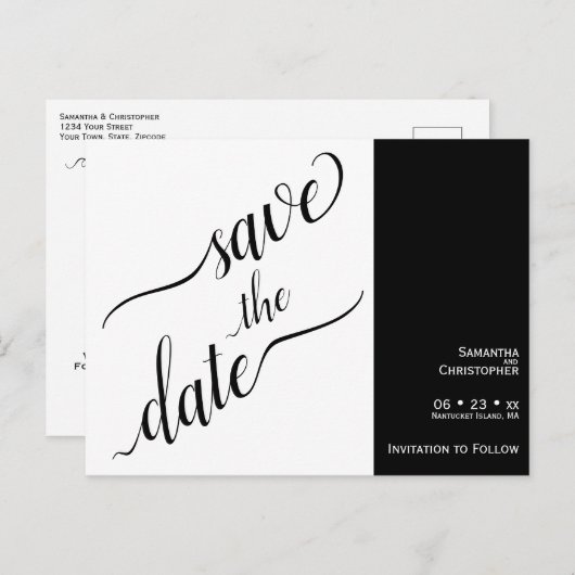 2 Pane Minimal White & Black Wedding Save the Date Postkarte (Vorne/Hinten)