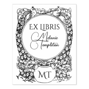 2 Pfauen umgeben eine Topfpflanze Ex Libris Name Gummistempel
