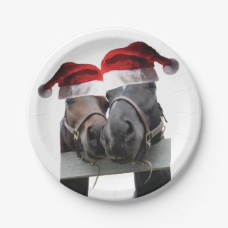 2 Pferde mit Santa Claus Hats Pappteller