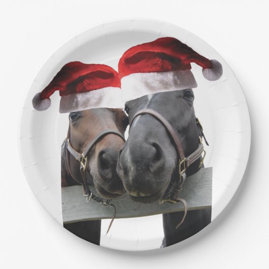2 Pferde mit Weihnachtsmänteln zu Weihnachten Pappteller (Vorderseite)