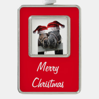 2 Pferde mit Weihnachtsmänteln zu Weihnachten Rahmen-Ornament Silber