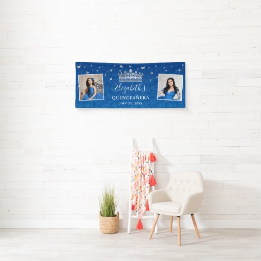 2 Photo Birthday Silver and Royal Blue Quinceanera Banner (Insitu)