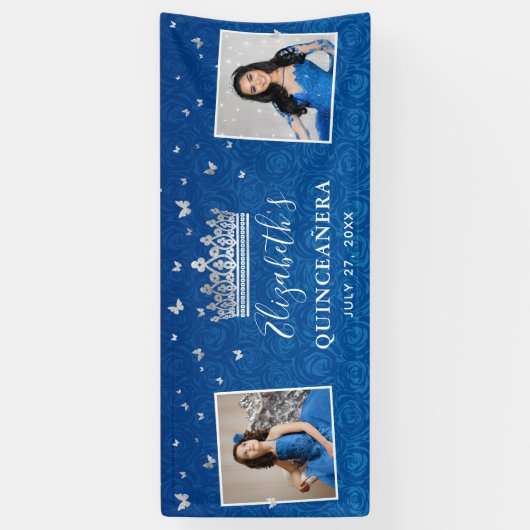 2 Photo Birthday Silver and Royal Blue Quinceanera Banner (Vertikal)