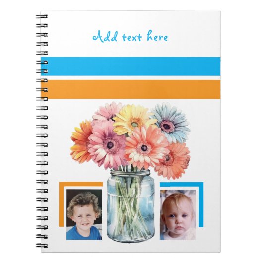 2 photo custom text flowers blue orange notizblock (Vorderseite)