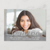 2 Photo Graduation Modern Script Save the Date Ankündigungspostkarte (Vorderseite)