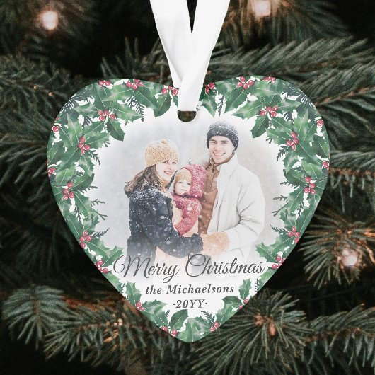2 Photo Holly Greenery Wreath Merry Christmas Ornament