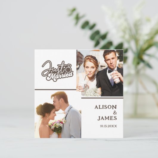 2 Photo Just Married Modern Script Heart Wedding Ankündigung (Stehend Vorderseite)