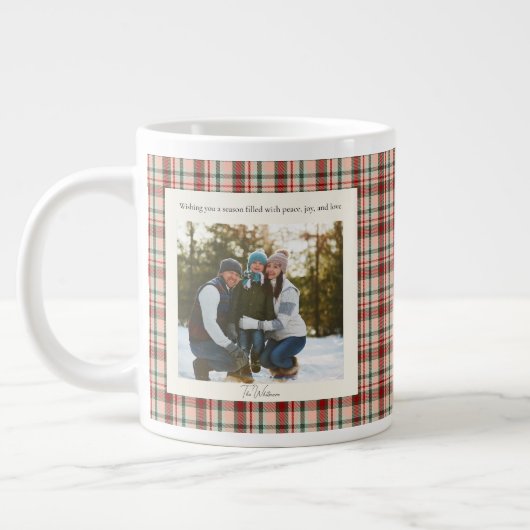 2 Photo Rustic Green Red Plaid Monogram Christmas Jumbo-Tasse (Links)