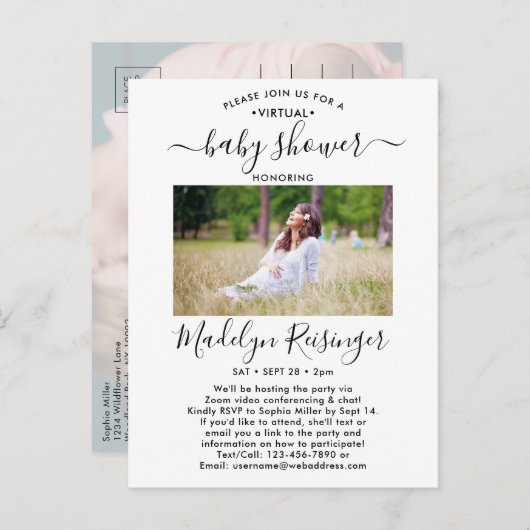2 Photo Virtual Baby Shower by Mail Modern Script Einladungspostkarte (Vorne/Hinten)