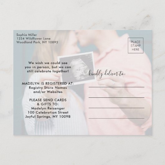 2 Photo Virtual Baby Shower by Mail Modern Script Einladungspostkarte (Rückseite)