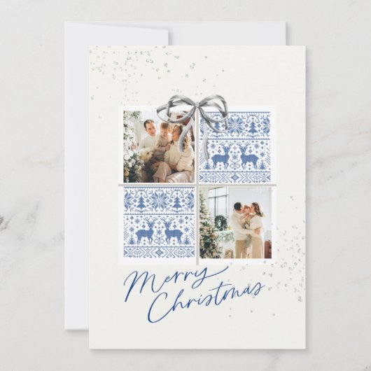 2-Photo X-mas Present Card Nordic Knits Silver Bow Einladung (Vorderseite)