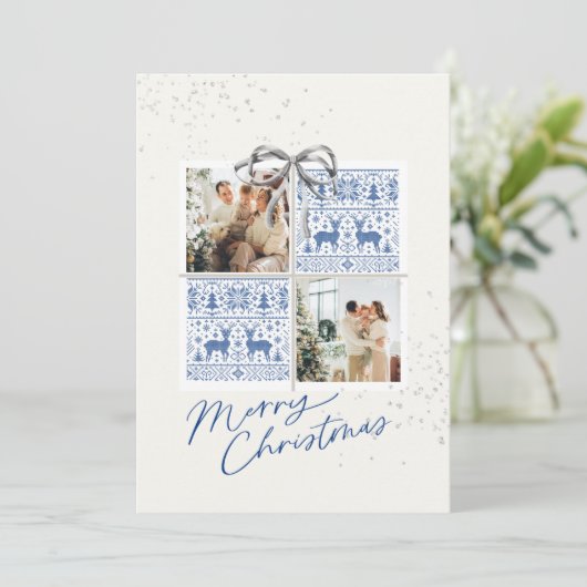 2-Photo X-mas Present Card Nordic Knits Silver Bow Einladung (Stehend Vorderseite)