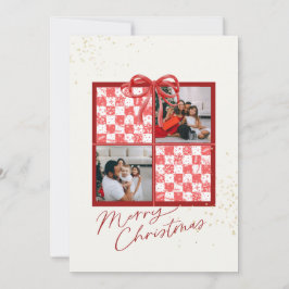 2-Photo X-mas Present Card Red Gingham Snowflakes Einladung