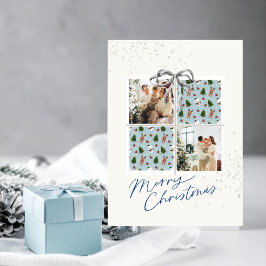 2-Photo X-mas Present Card Rudolph Firs Silver Bow Einladung